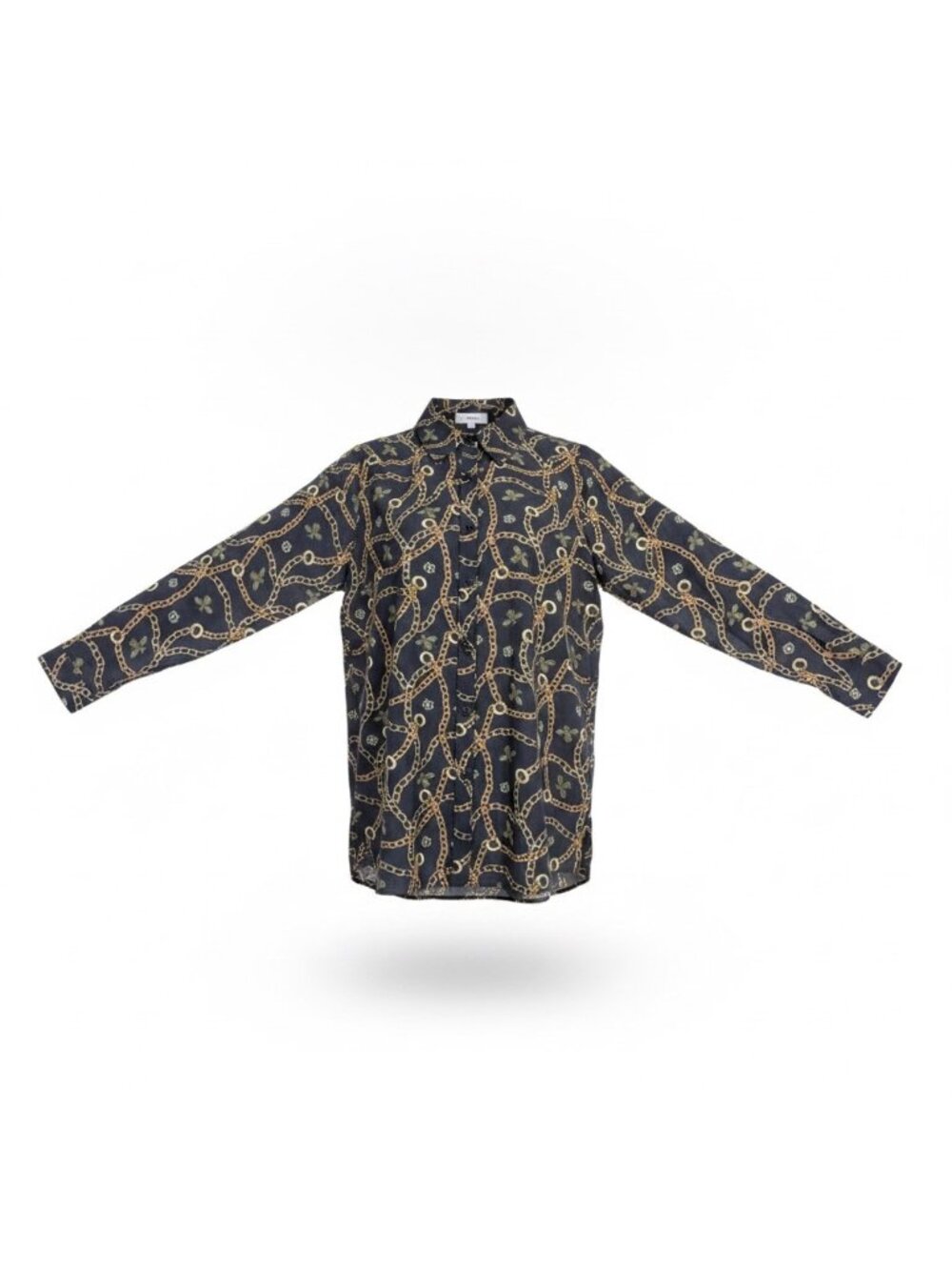 D2 Womens Black Gold Chain Bee Pattern Button-Up Blouse Long Sleeves Size M